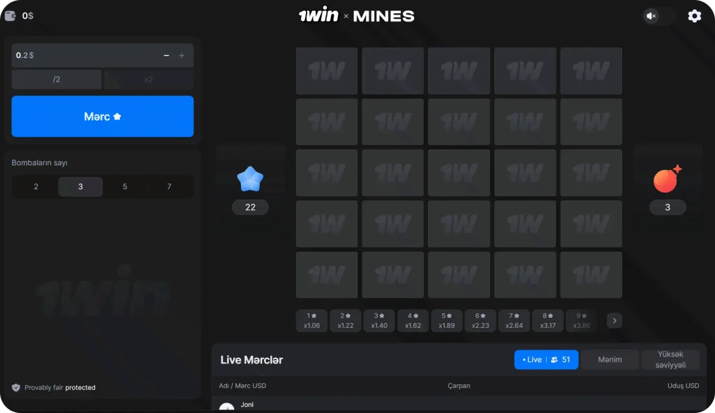 1win-mines-oyun-interfeysi